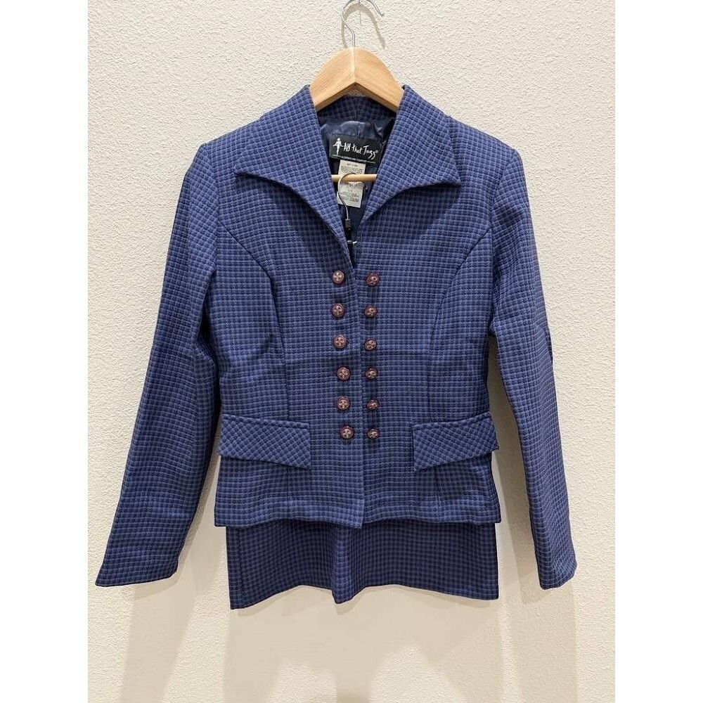 Vintage 90s All That Jazz Houndstooth Skirt Set Blue Black Blazer Suit 3/4 J3715